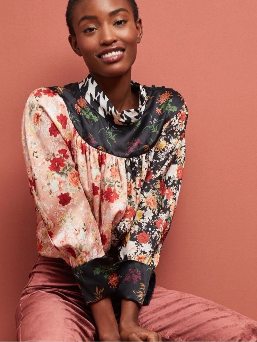 Delfi Collective Bastien Satin Blouse with floral motif an patchwork pattern, M.
